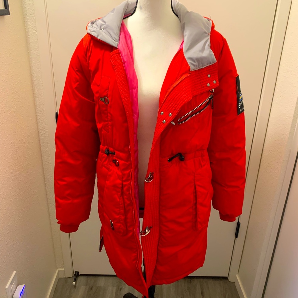 Red Puffer knee length coat